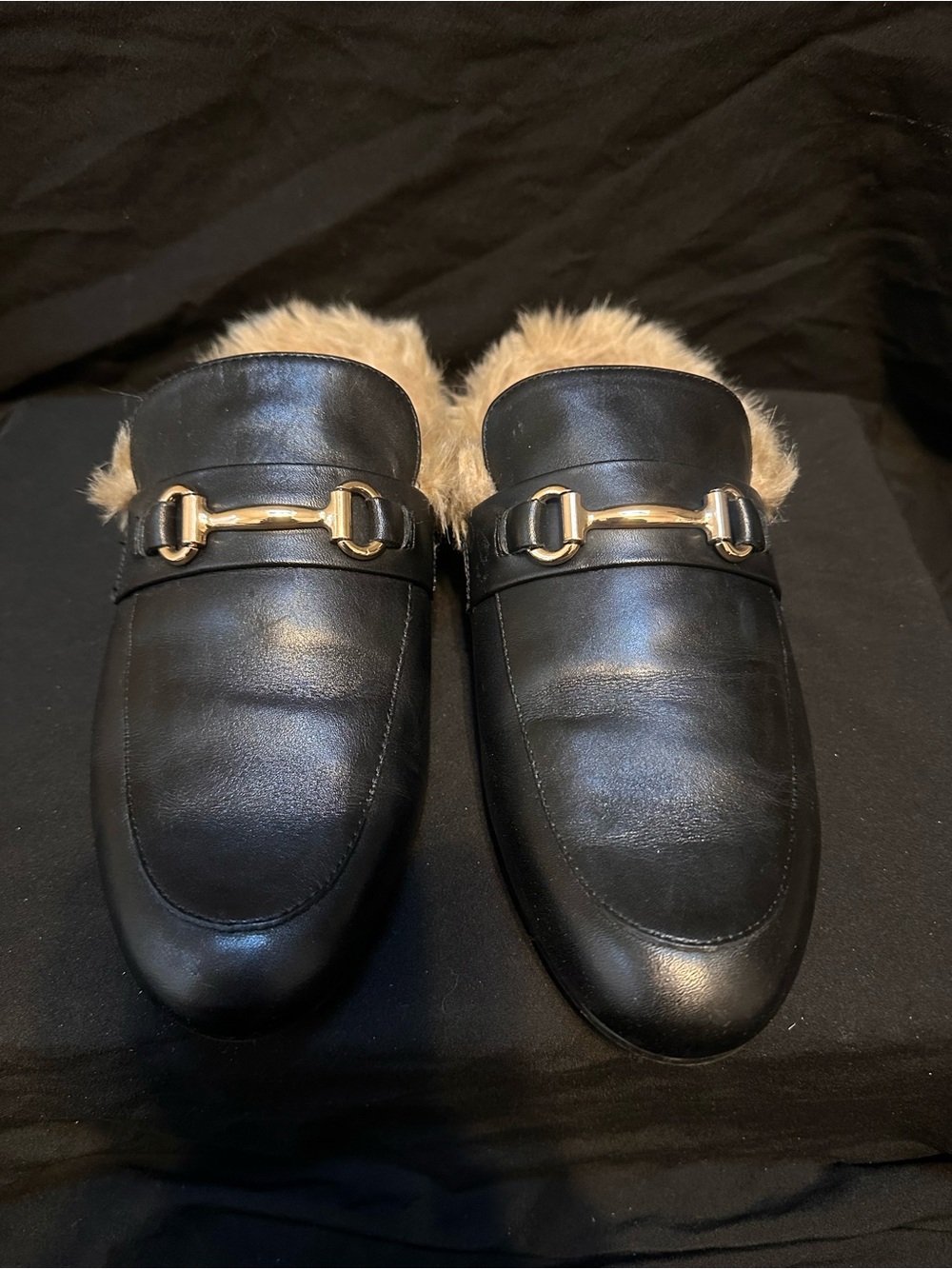 Steve Madden Jill Black Leather Fur-Lined Slip-On Mules with Gold Hardware